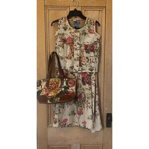 Cambridge Dry Goods Women Vintage Floral Purse Midriff Dress Medium Beige SP EXC